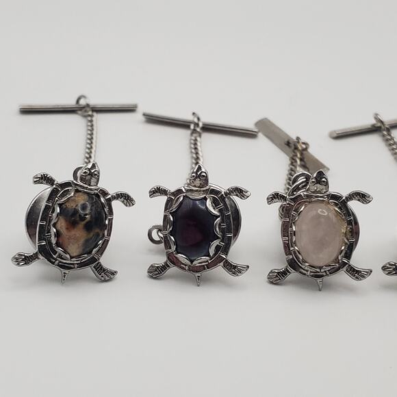 (6) Silver Tone Stone Cabochon Turtle Tortoise Shaped Tie Tack Chain 1-1/2" Vtg - Picture 2 of 7